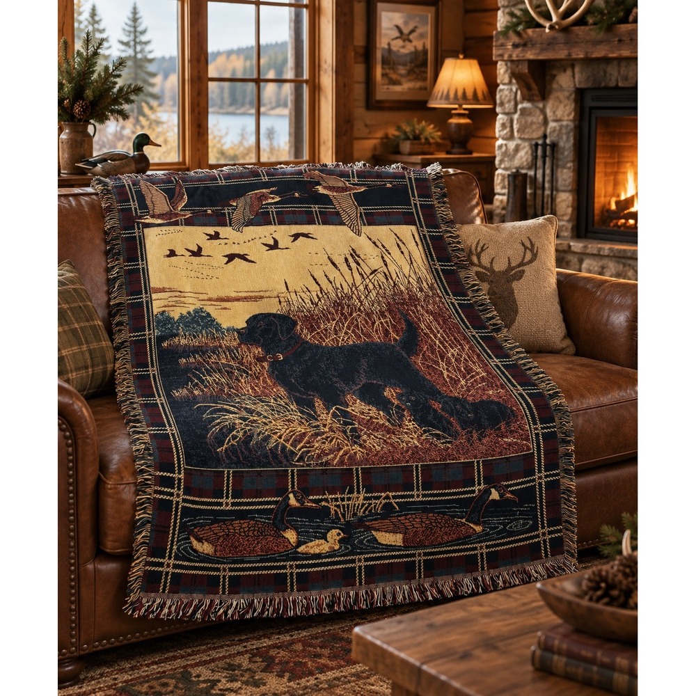 Vintage 1994 MWW Black Lab Duck Hunting Tapestry Throw Blanket 49x72 Fringe